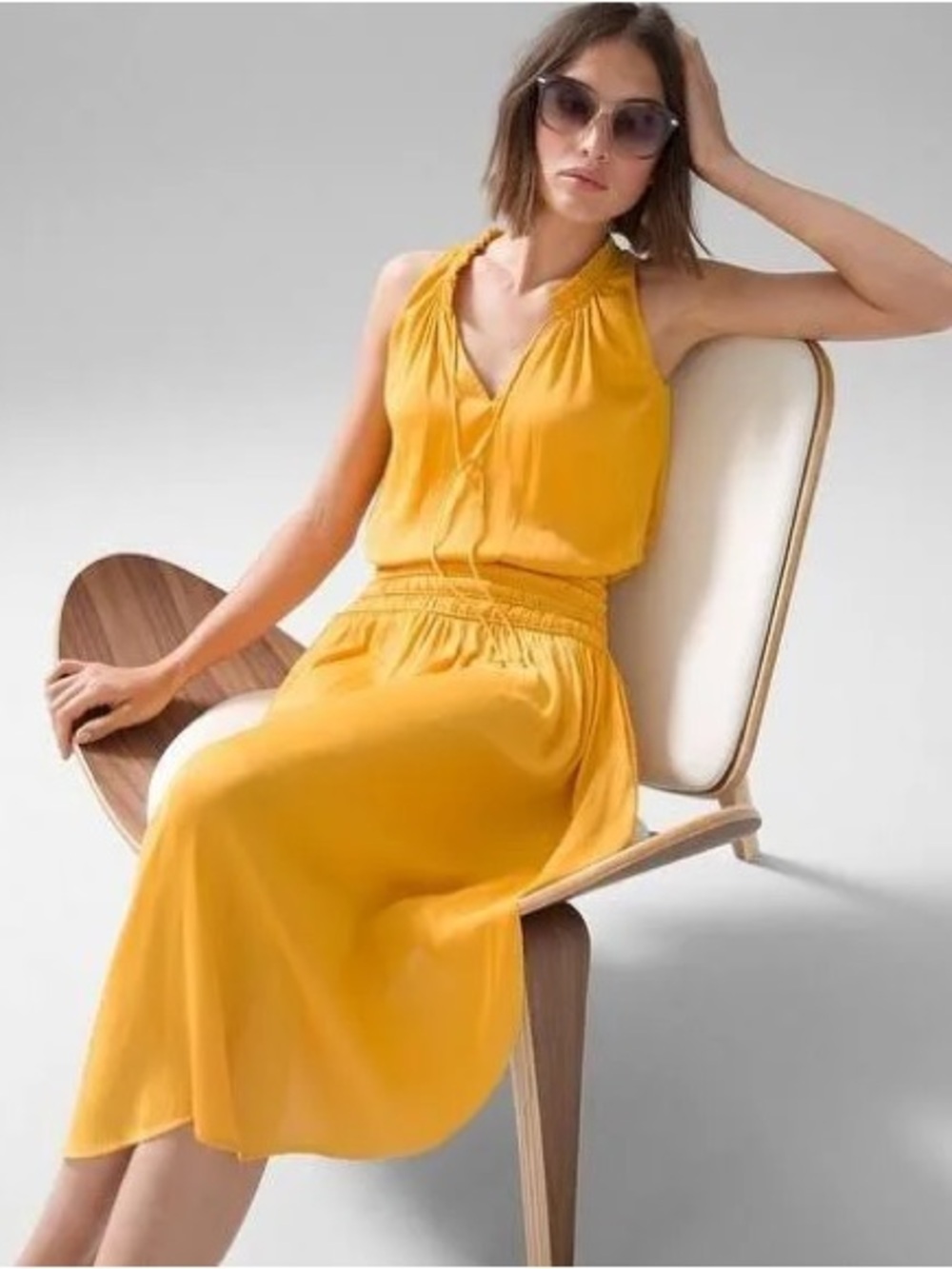Sleeveless Mustard Yellow Halter Midi Dress